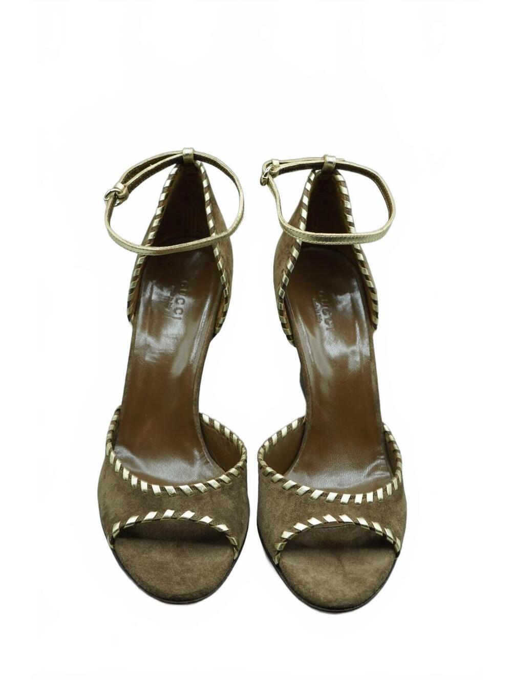 Vintage Gucci Suede Wedge Sandals Peep Toe Gold Whipstitch Ankle Strap Sz 9 B - Picture 2 of 9